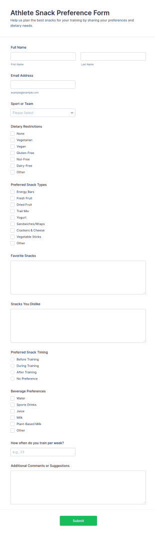 Athlete Snack Preference Form Template