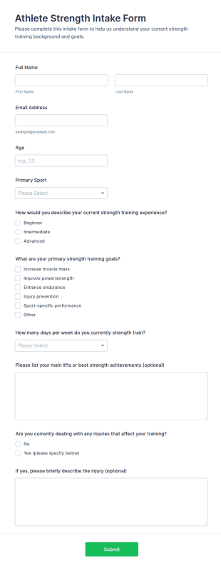 Athlete Strength Intake Form Template