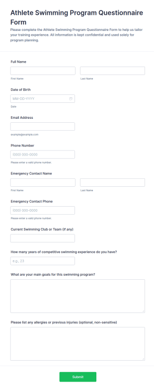 Athlete Swimming Program Questionnaire Form Template