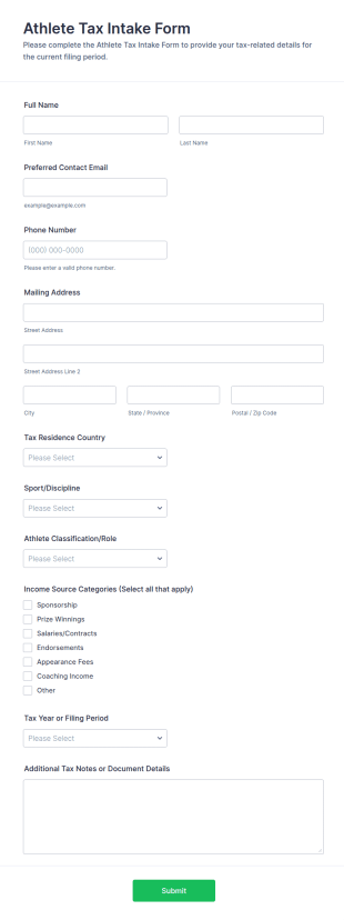 Athlete Tax Intake Form Template