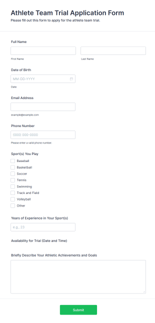 Athlete Team Trial Application Form Template