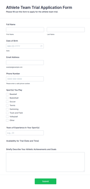 Athlete Team Trial Application Form Template