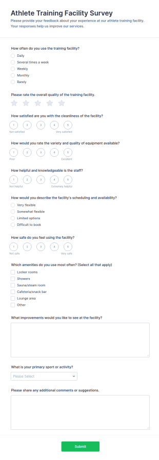 Athlete Training Facility Survey Form Template