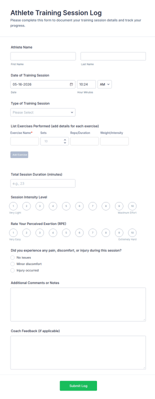 Athlete Training Session Log Form Template