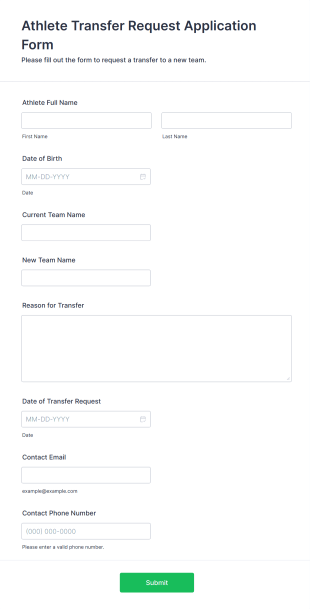 Athlete Transfer Request Application Form Form Template
