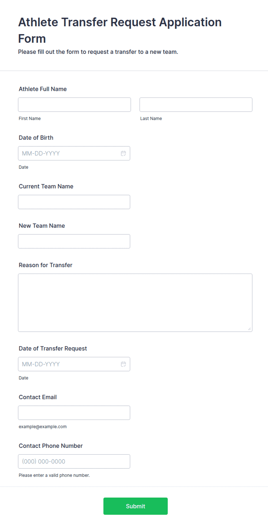 Athlete Transfer Request Application Form Template | Jotform