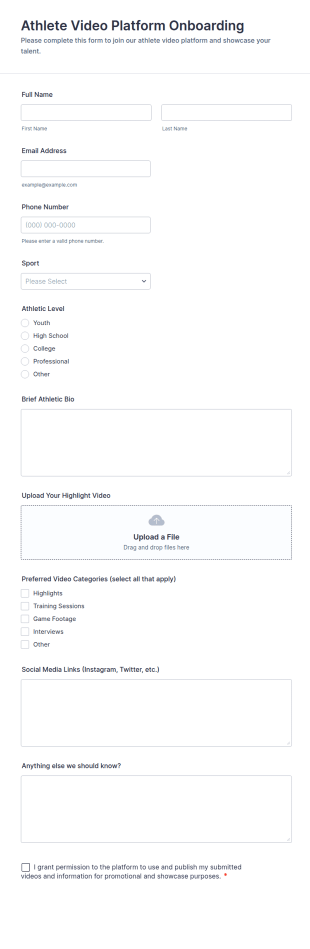 Athlete Video Platform Onboarding Form Template