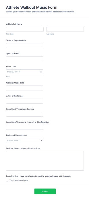 Athlete Walkout Music Form Template
