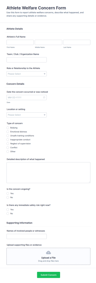 Athlete Welfare Concern Form Template