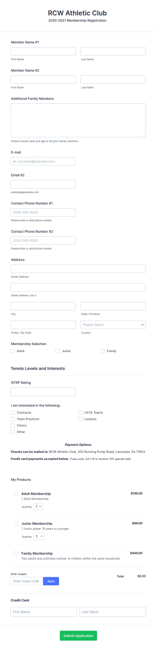 Athletic Club Membership Form Template
