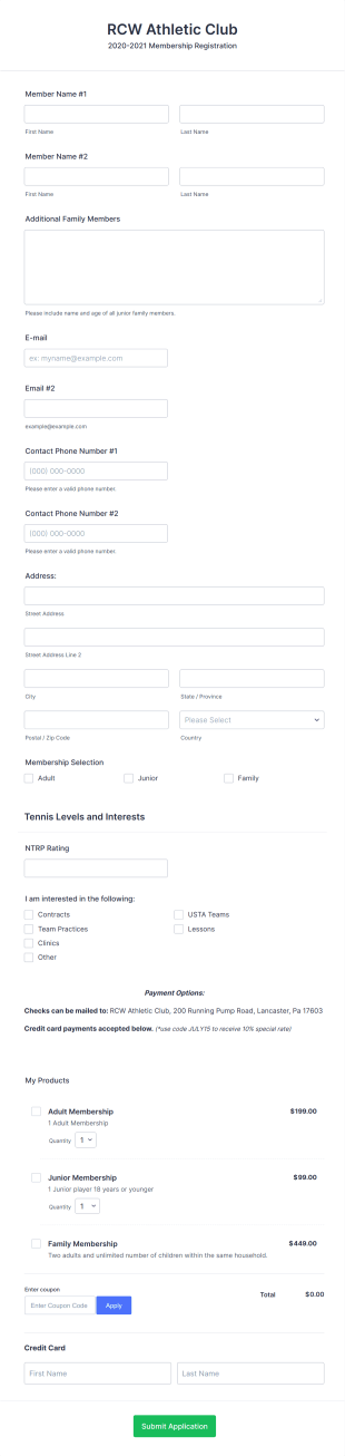 Athletic Club Membership Form Template