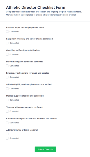 Athletic Director Checklist Form Template