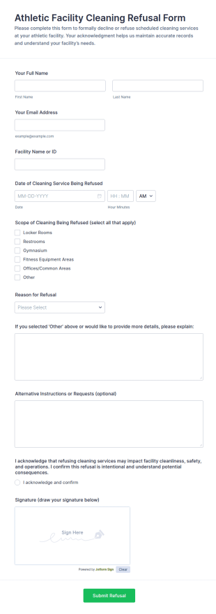 Athletic Facility Cleaning Refusal Form Template