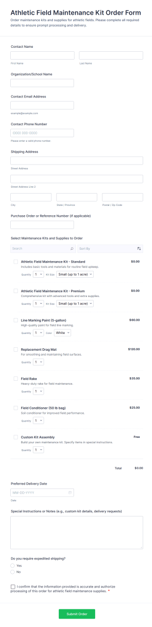 Athletic Field Maintenance Kit Order Form Template