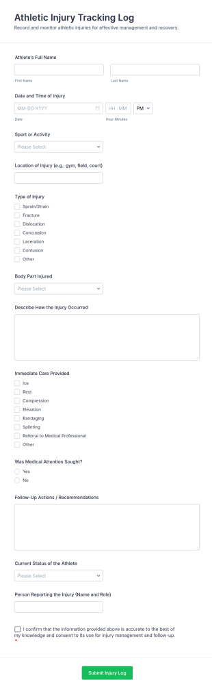 Athletic Injury Tracking Log Form Template