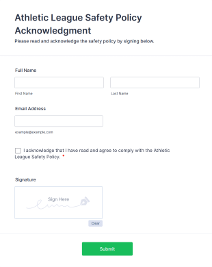 Athletic League Safety Policy Acknowledgment Form Template