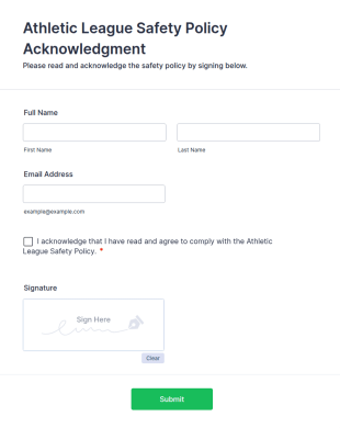 Athletic League Safety Policy Acknowledgment Form Template