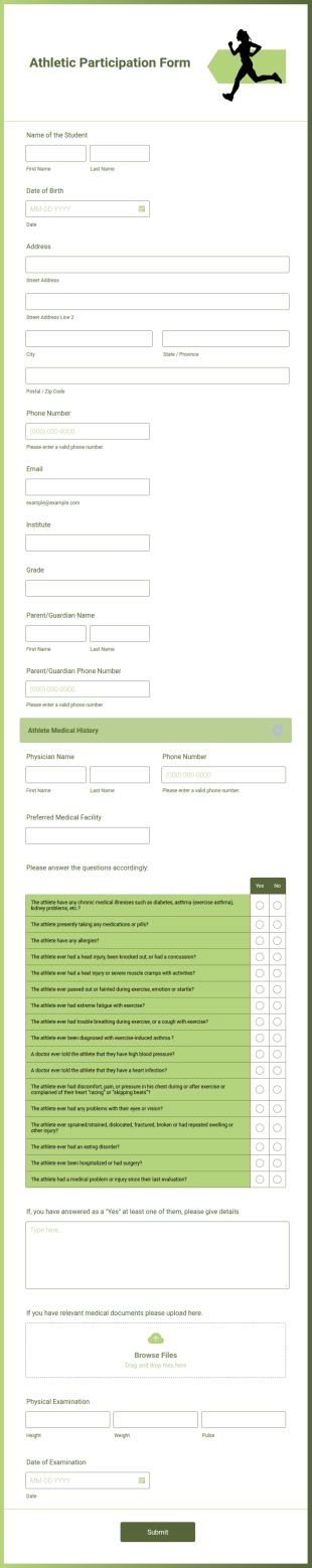 Athletic Participation Form Template