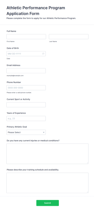 Athletic Performance Program Application Form Form Template