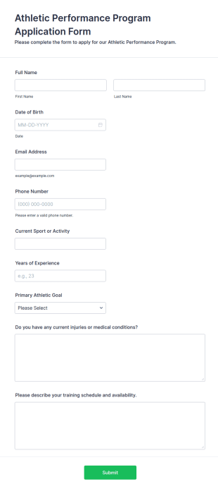 Athletic Performance Program Application Form Template