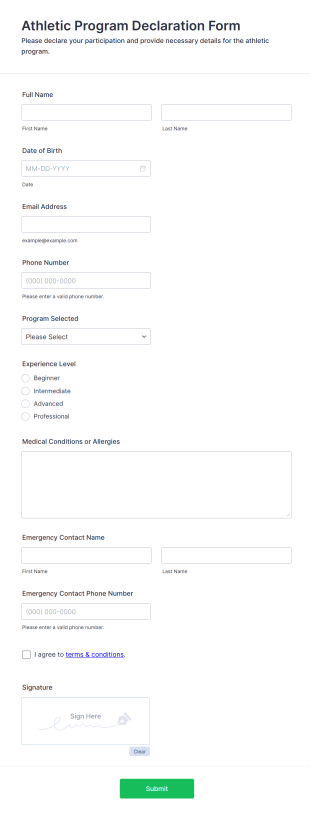 Athletic Program Declaration Form Template