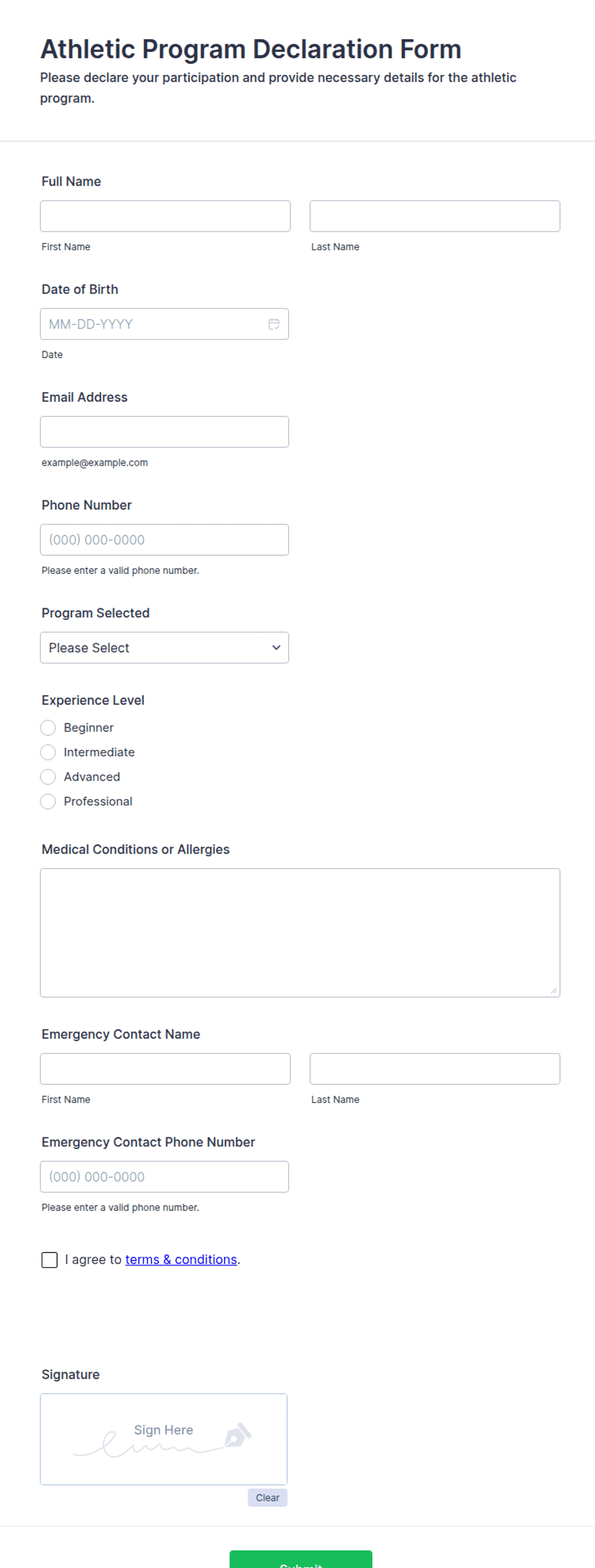 Team Formation Declaration Athletic Program Declaration Form Template | Jotform