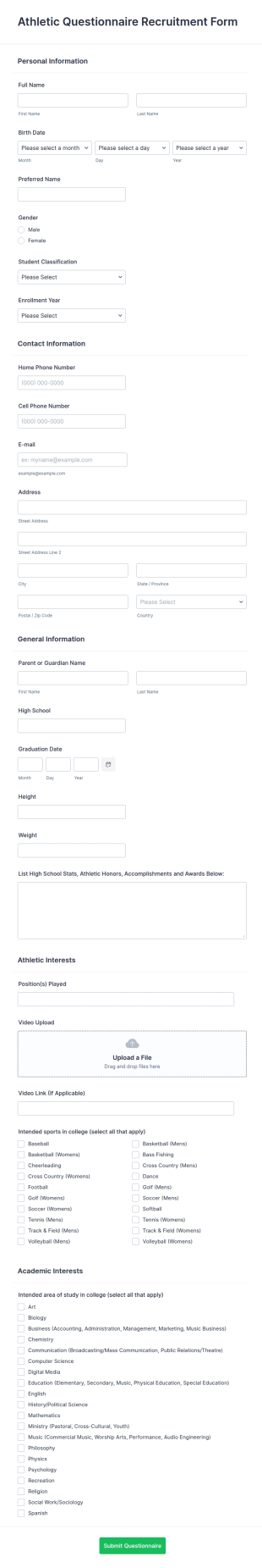 Athletic Questionnaire Recruitment Form Template