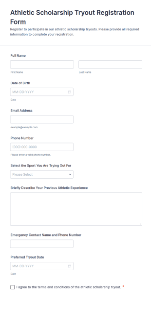 Athletic Scholarship Tryout Registration Form Template