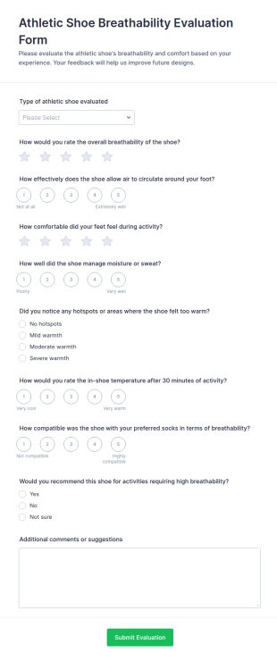 Athletic Shoe Breathability Evaluation Form Template