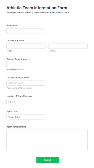 Athletic Team Information Form Form Template