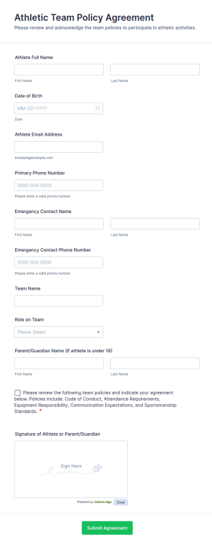 Athletic Team Policy Agreement Form Template