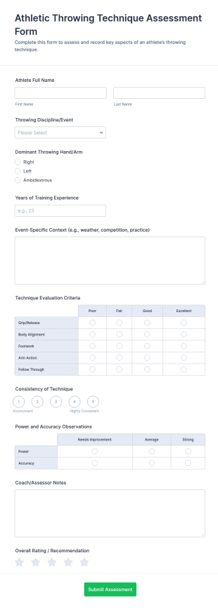 Athletic Throwing Technique Assessment Form Template
