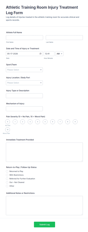 Athletic Training Room Injury Treatment Log Form Template