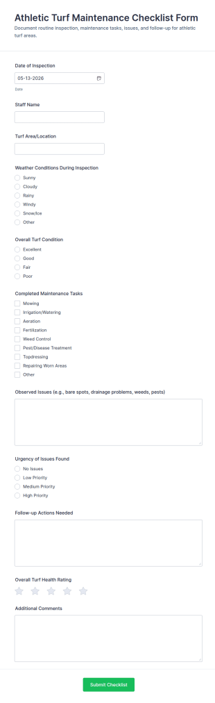 Athletic Turf Maintenance Checklist Form Template