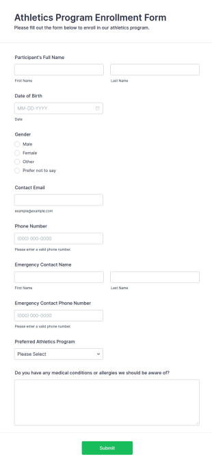 Athletics Program Enrollment Form Template