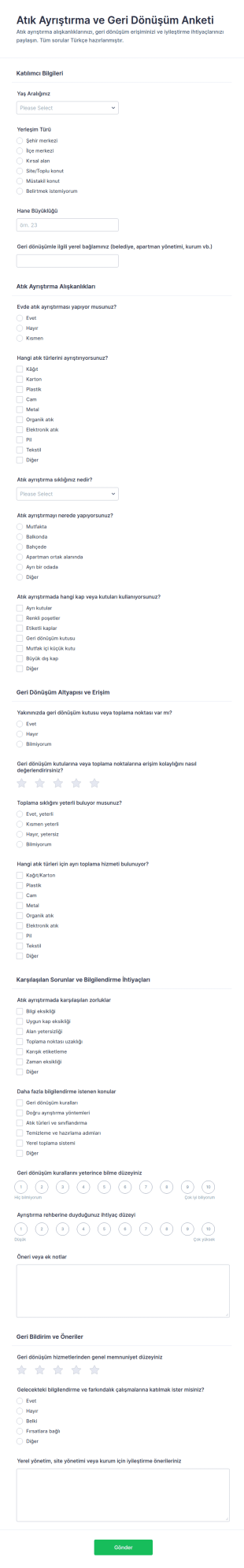 Atık Ayırma Ve Geri Dönüşüm Anketi Form Şablonu