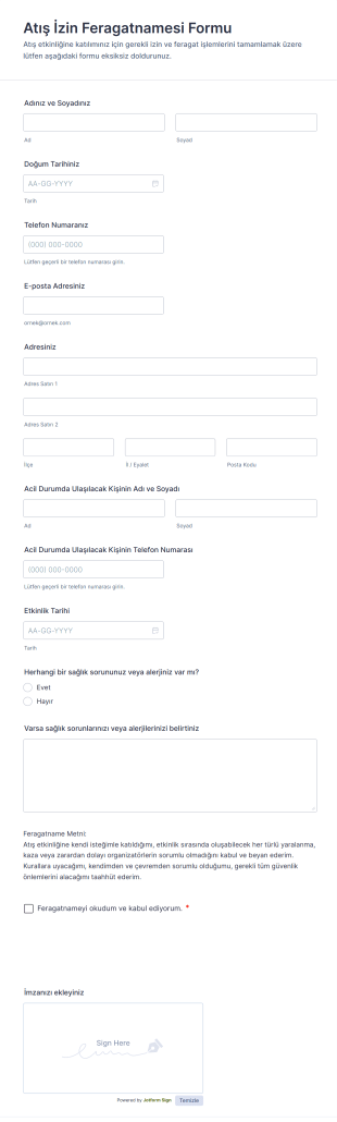 Atış İzin Feragatnamesi Form Şablonu