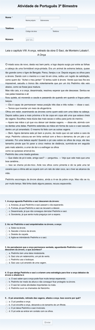 Atividade De Português 3º Bimestre Form Template