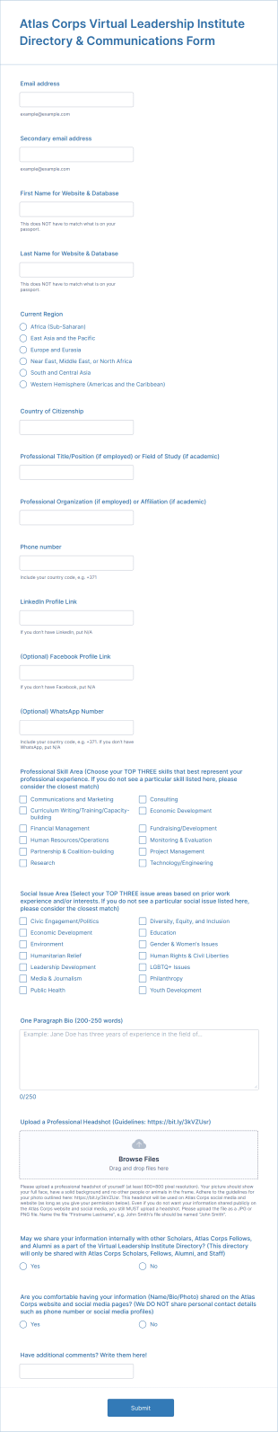 Atlas Corps Virtual Leadership Institute Directory & Communications Form Template