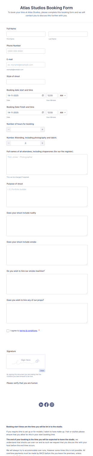Photography Studio Booking Form Template