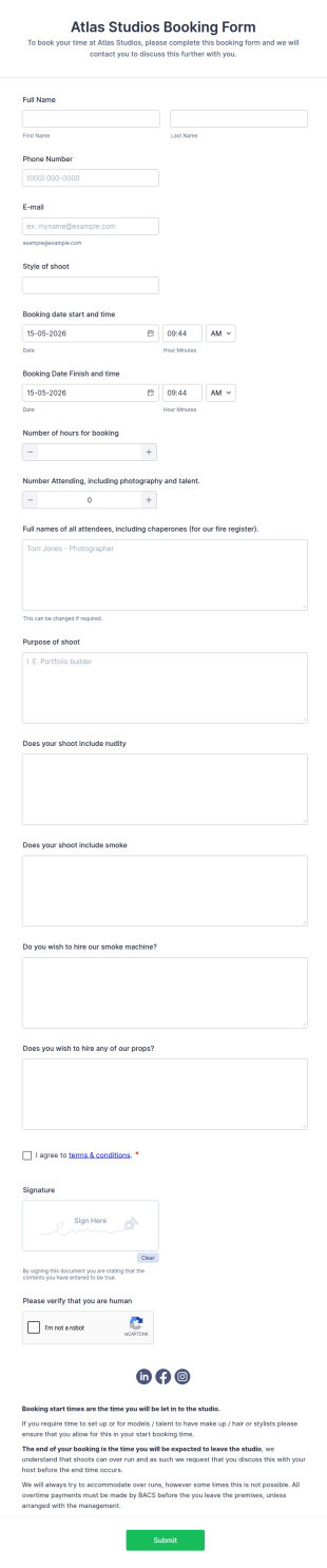 Photography Studio Booking Form Template