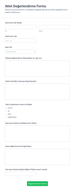 Atlet Değerlendirme Form Şablonu