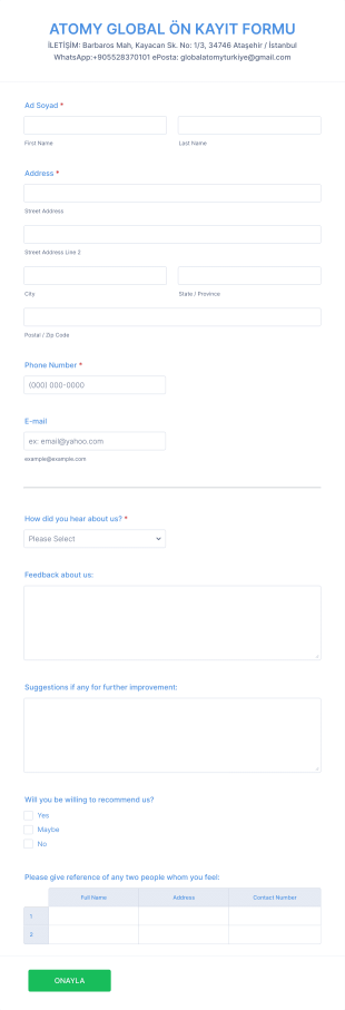 Atomy Global Türkiye Başvuru Form Şablonu