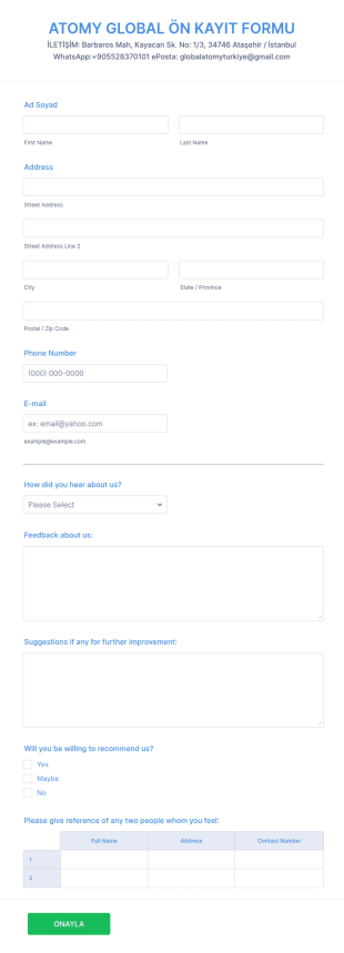 Atomy Global Türkiye Başvuru Form Şablonu