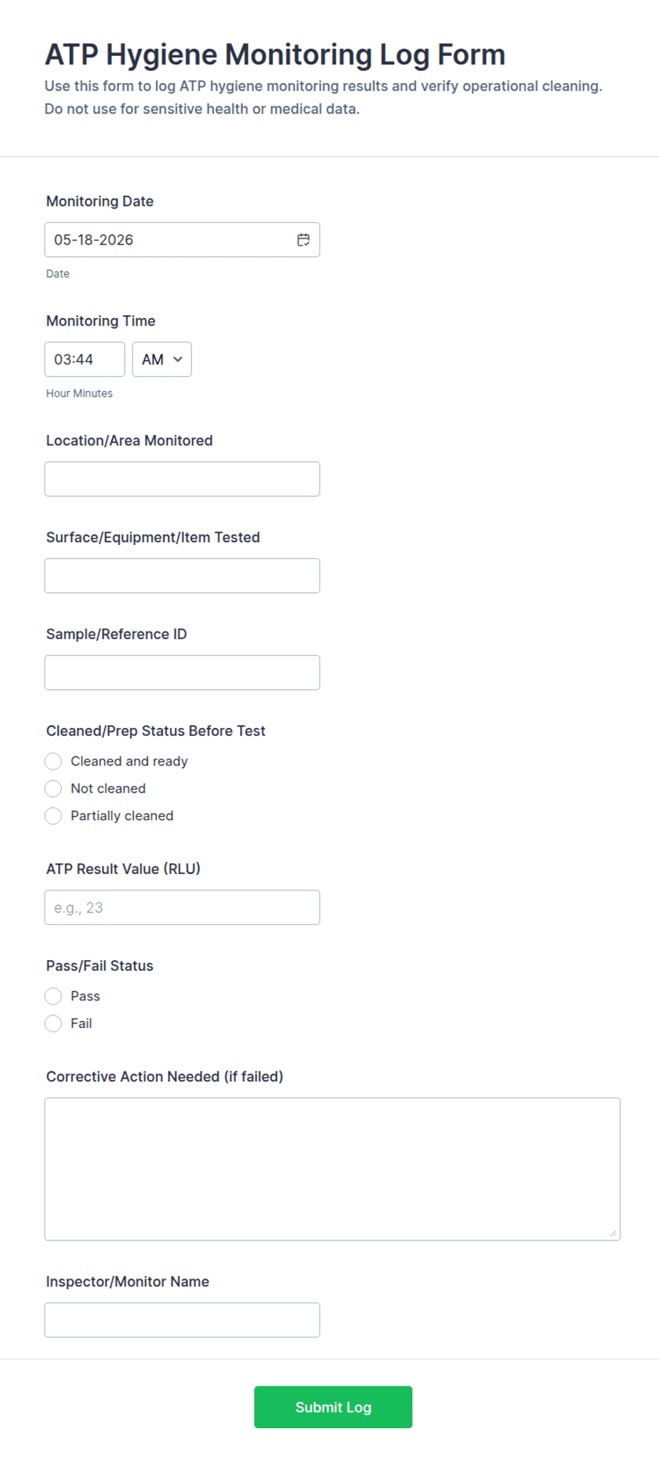 ATP Hygiene Monitoring Log Form Template | Jotform