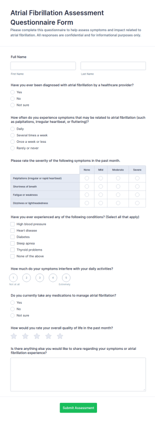 Atrial Fibrillation Assessment Questionnaire Form Template