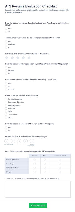 ATS Resume Evaluation Checklist Form Template