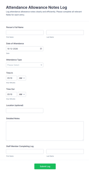 Attendance Allowance Notes Log Form Template