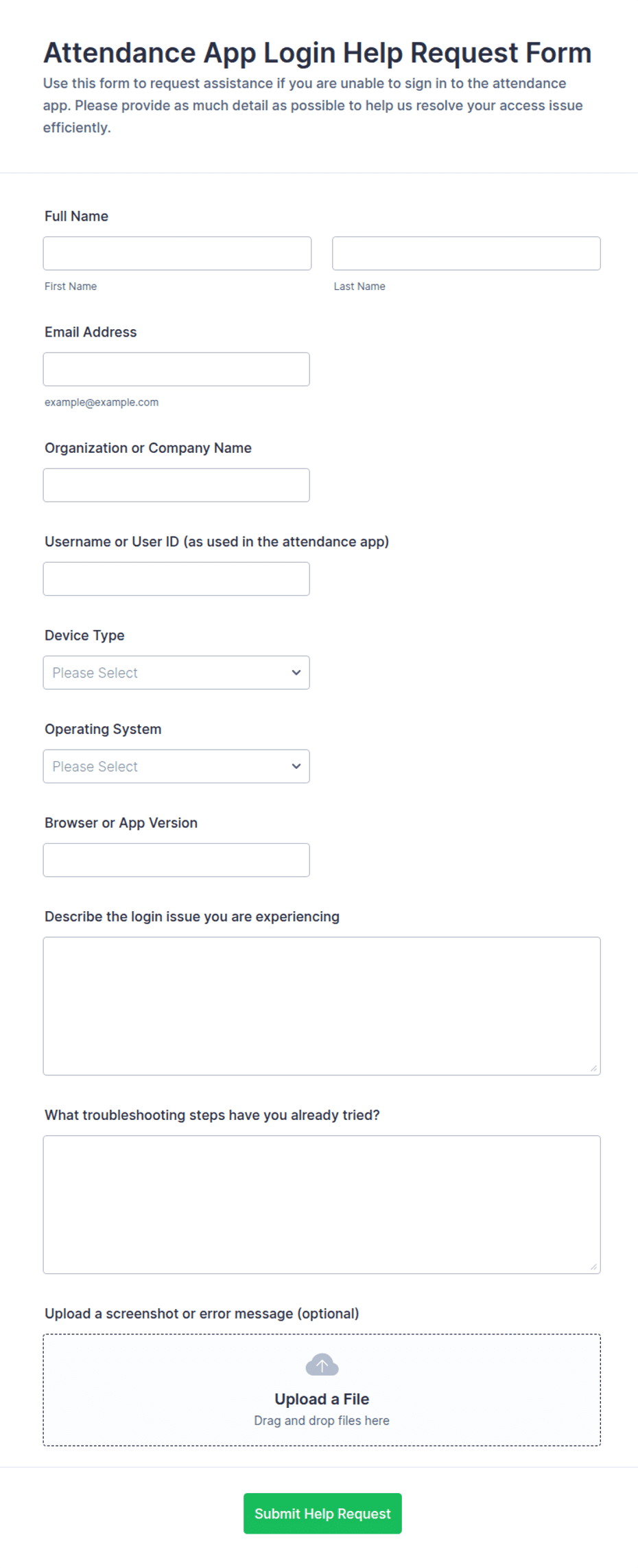 Attendance App Login Help Request Form Template | Jotform