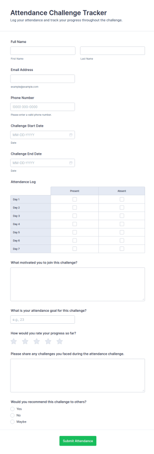 Attendance Challenge Tracker Form Template